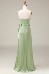 A-Linie Matcha trägerloses Korsett aus Satin Brautjungfernkleid mit Schlitz